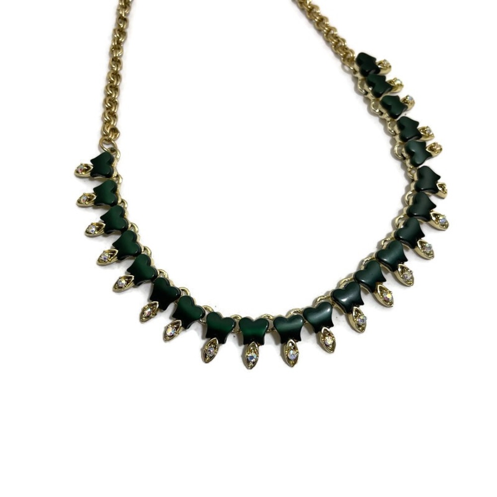 Vintage Gold Tone Cocktail Necklace Dark Green Thermoset Plastic Rhinestones